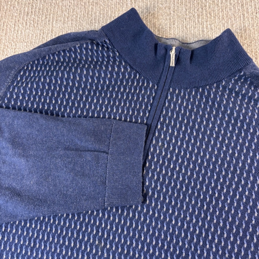 Tommy Bahama Mens 2XLB Blue Textured Cotton Tencel Quarter Zip Pullover Sweater